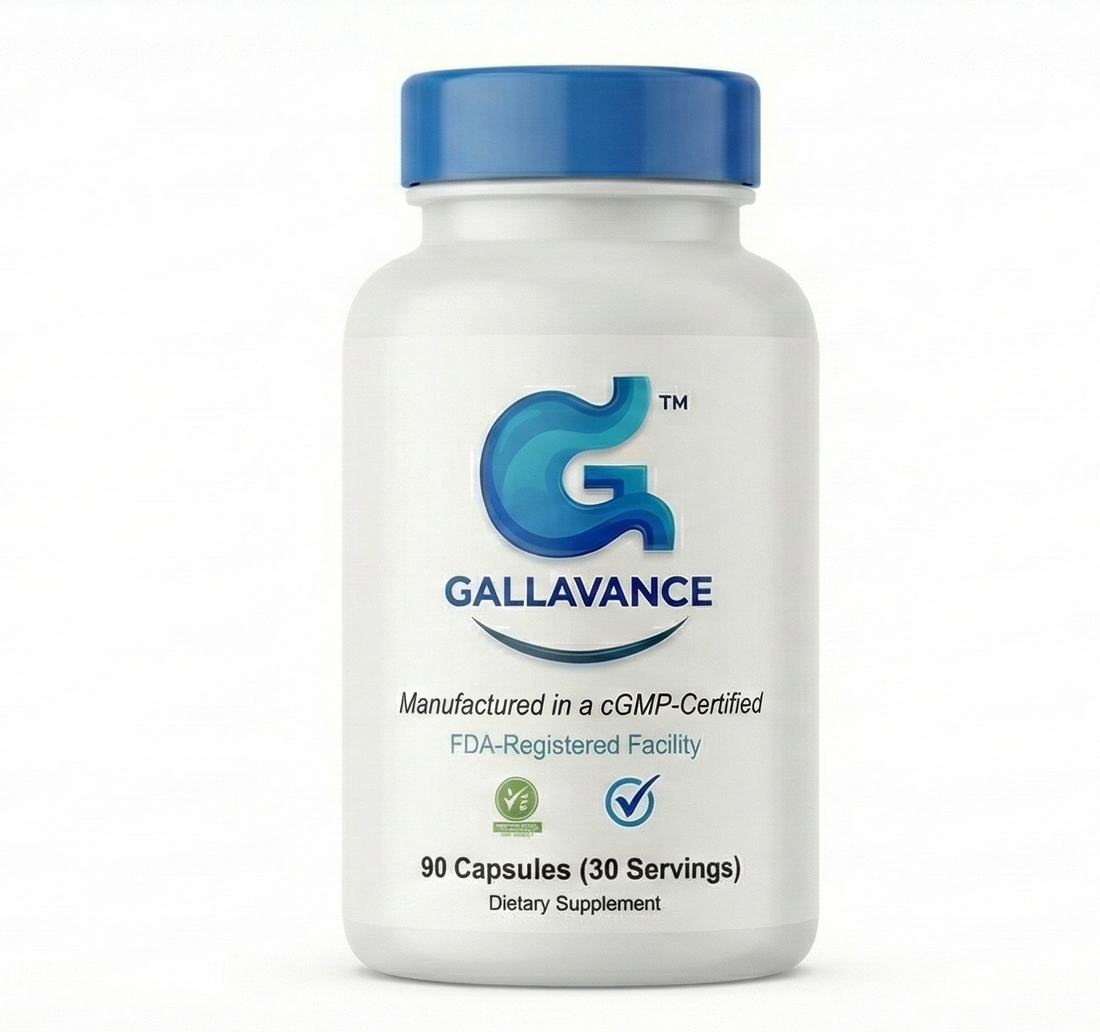 Gallavance Original ox bile supplement bottle with blue cap, featuring 90 delayed-release capsules for fat digestion and bile support, cGMP certified