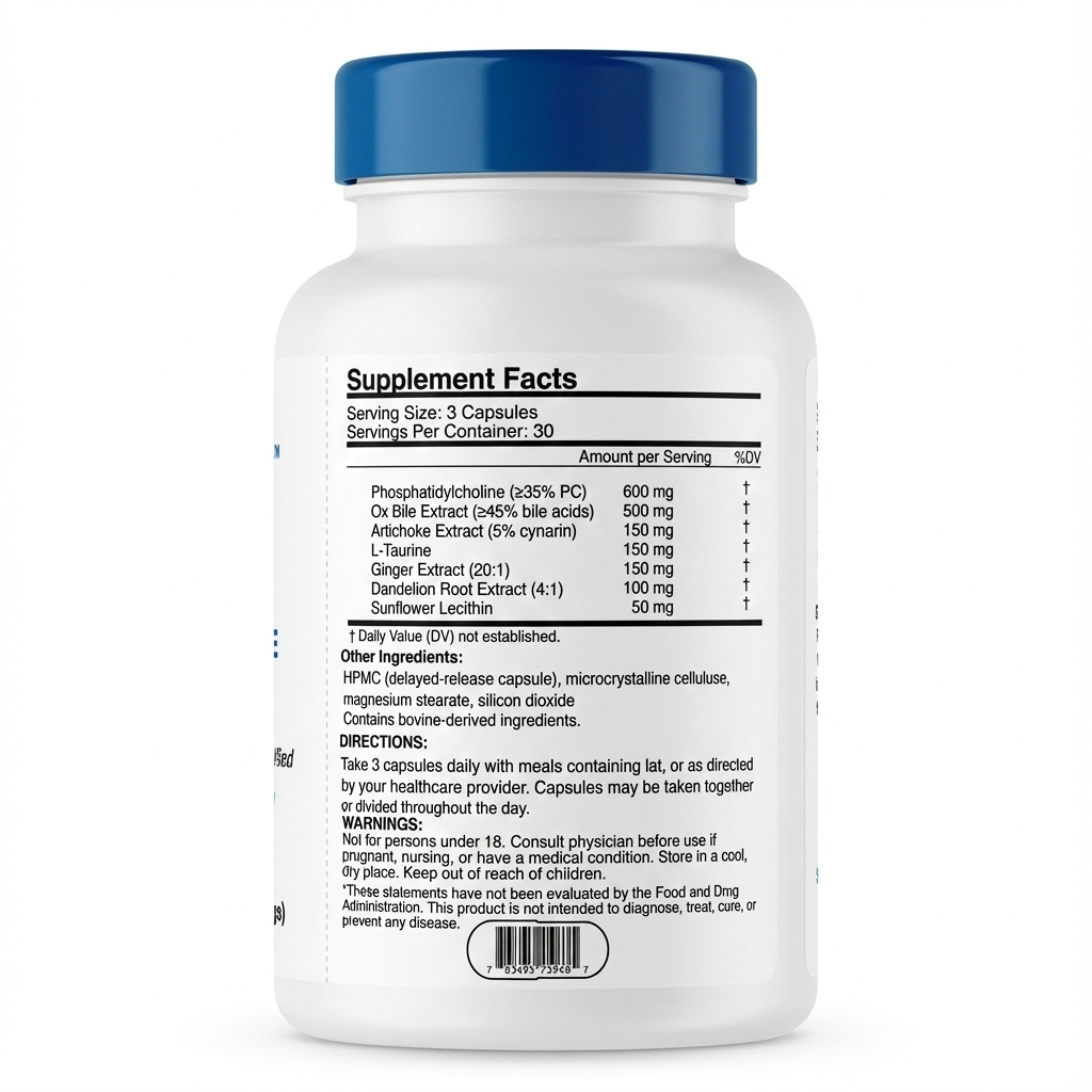 Gallavance Original supplement facts label showing ox bile extract, phosphatidylcholine, artichoke extract, and bile-flow supporting botanicals with serving size and directions