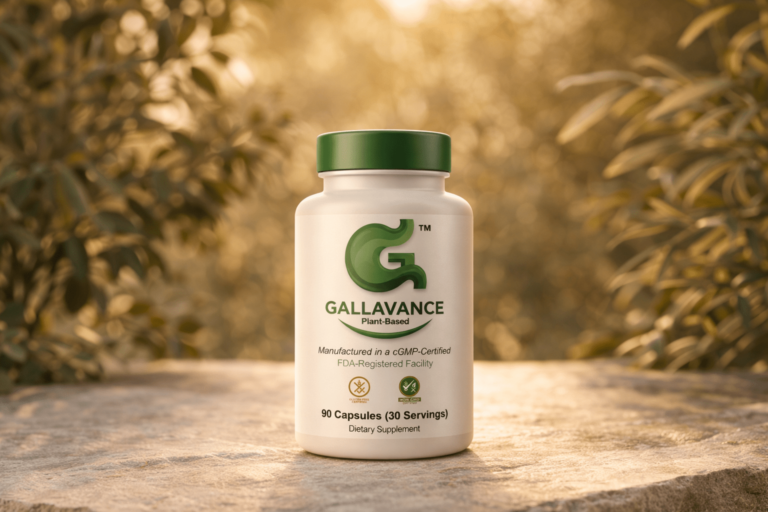 Supplement bottle labeled 'Gallavance Plant Based' in a natural settin