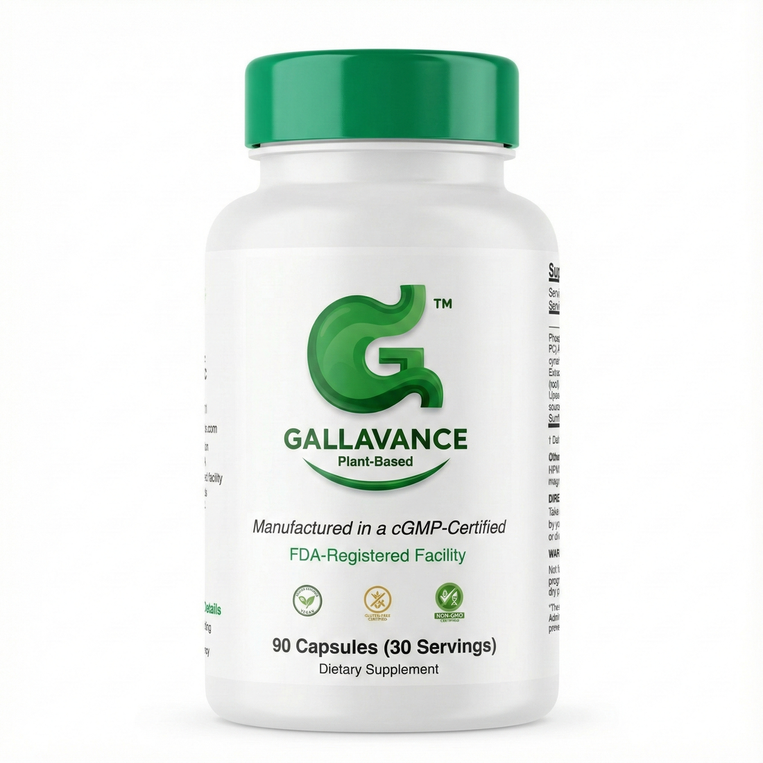 Gallavance Plant-Based digestive support supplement bottle with green cap, featuring 90 delayed-release capsules for fat digestion and bile support