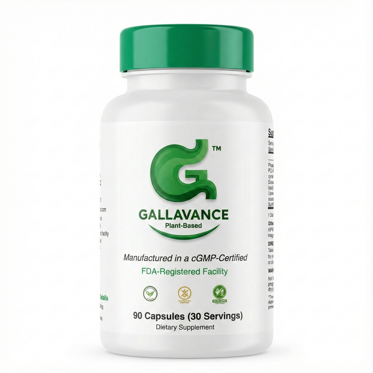 Supplement bottle labeled 'Gallavance Plant Based' on a transparent background