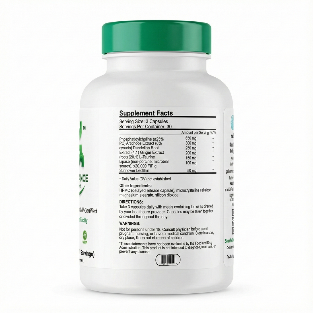 Gallavance Plant-Based supplement facts label showing artichoke extract, dandelion root, digestive enzymes, and phosphatidylcholine with serving size and directions