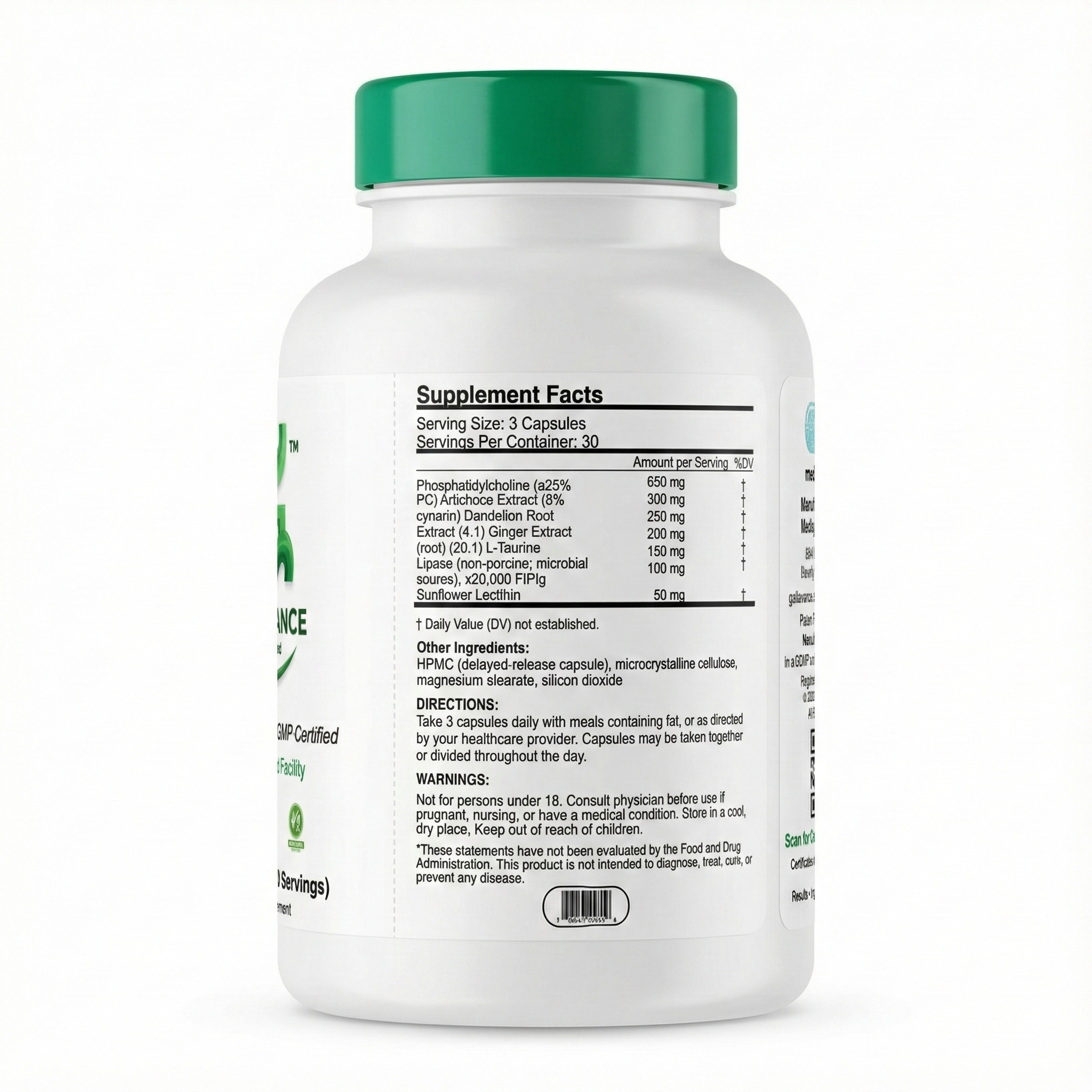 Supplement bottle labeled 'Gallavance Plant Based' with Product Info on transparent background