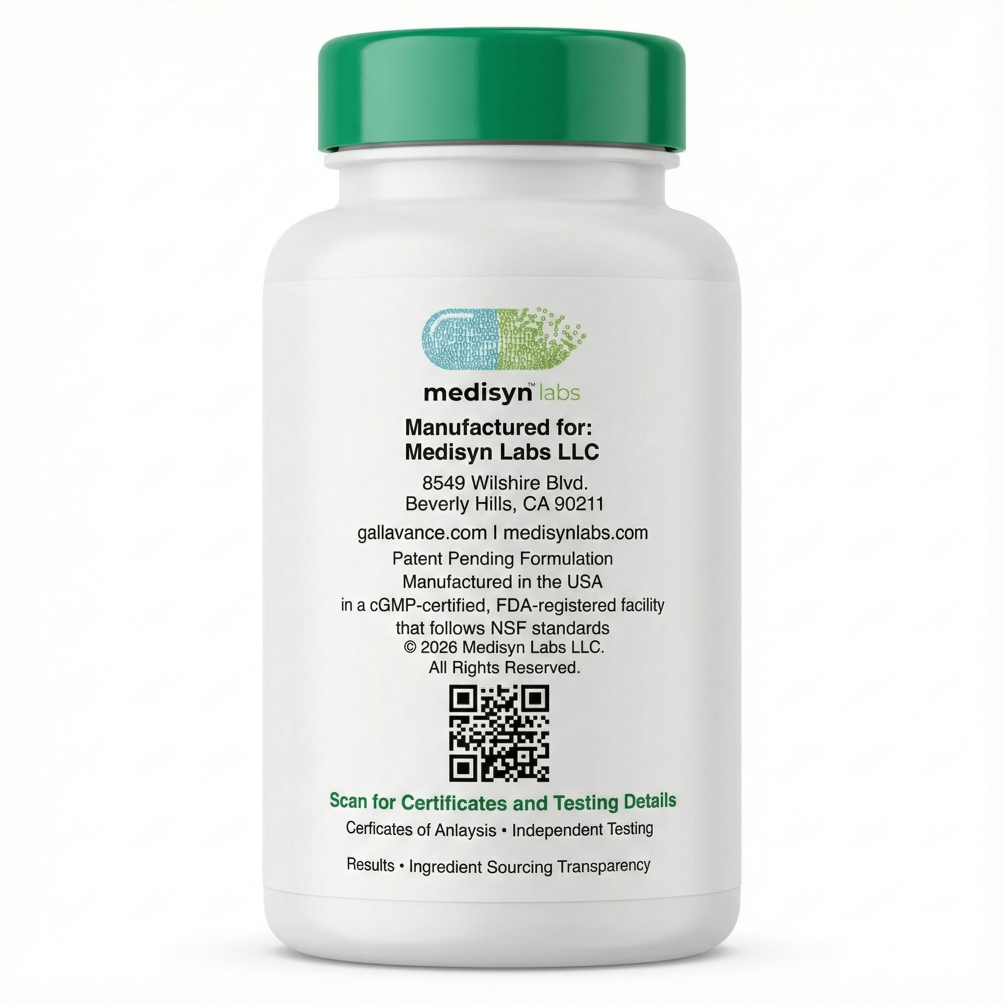 Supplement bottle labeled 'Gallavance Plant Based' with QR Code on transparent background