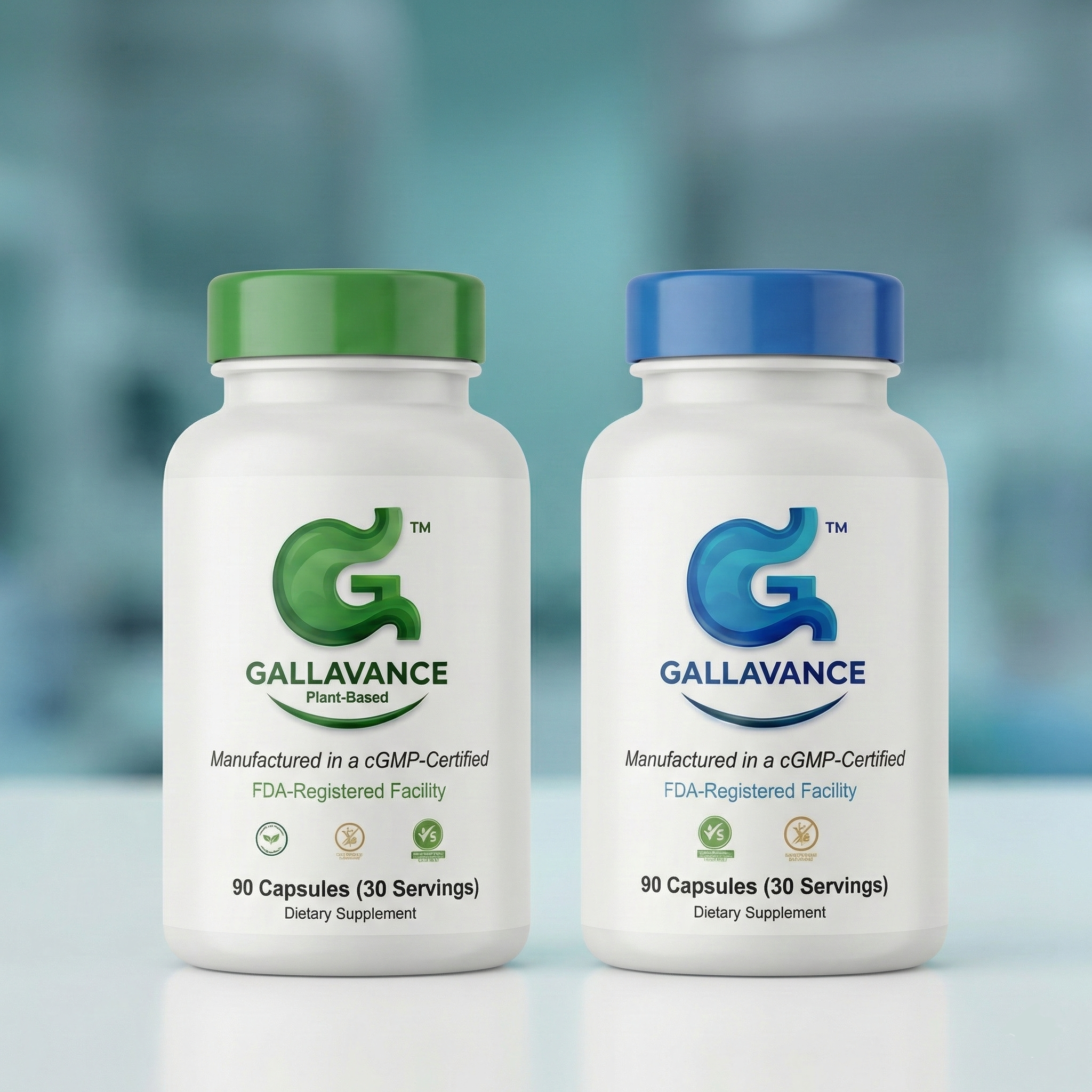 Two Gallavance supplement bottles - plant-based formula in green and blue lid versions, 90 capsules (30 servings)